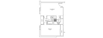 A floor plan of a small apartment with a living room, kitchen, bathroom and bedroom.