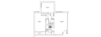 A floor plan of a small apartment with two bedrooms, a living room, and a kitchen.