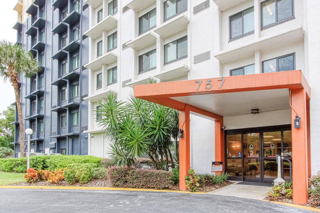 Front entrance drive to Orlando Cloisters Senior Apartments at 757 S Orange Ave, Orlando, FL 32801