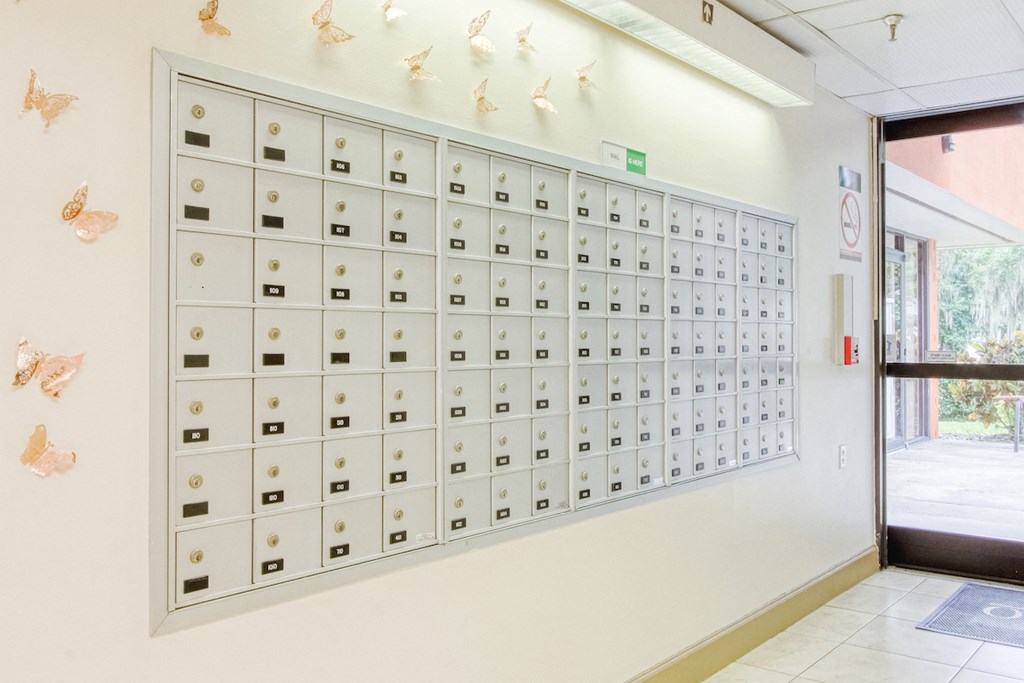 Orlando-Cloisters-9 Resident mailboxes inside at Orlando Cloisters Senior Apartments