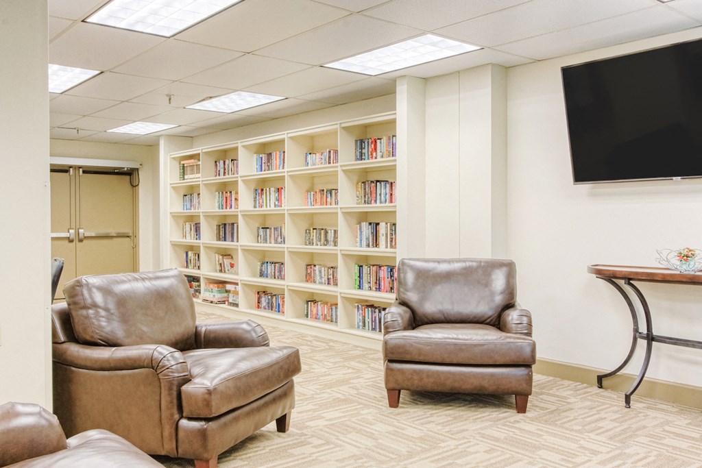 library with leather reading chairs, shelves of books, and TV