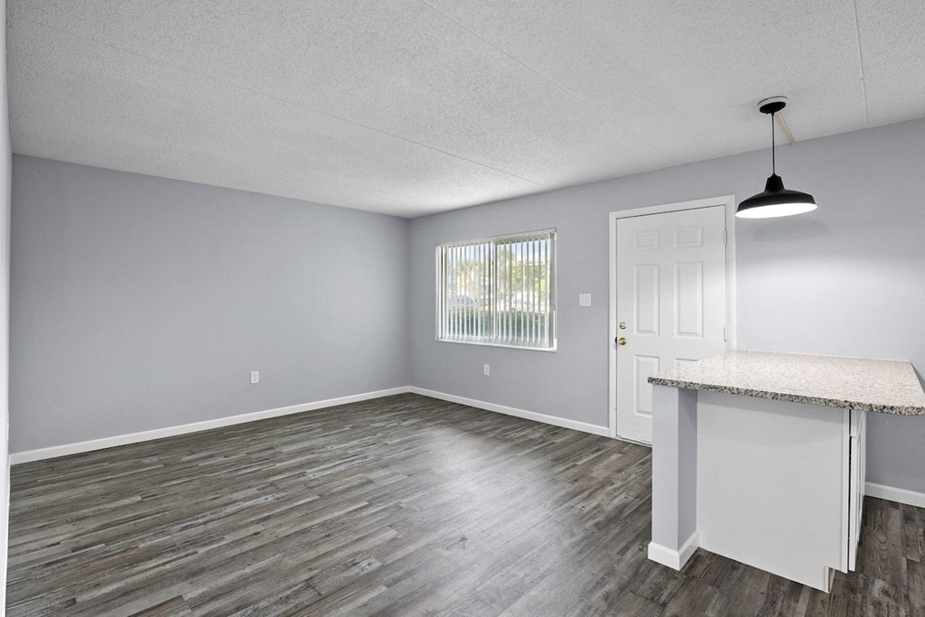the spacious living room and dining room with a door to the kitchen