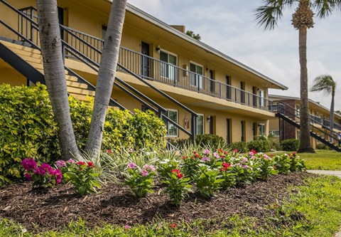a yellow building with palm trees and flowers in front of it