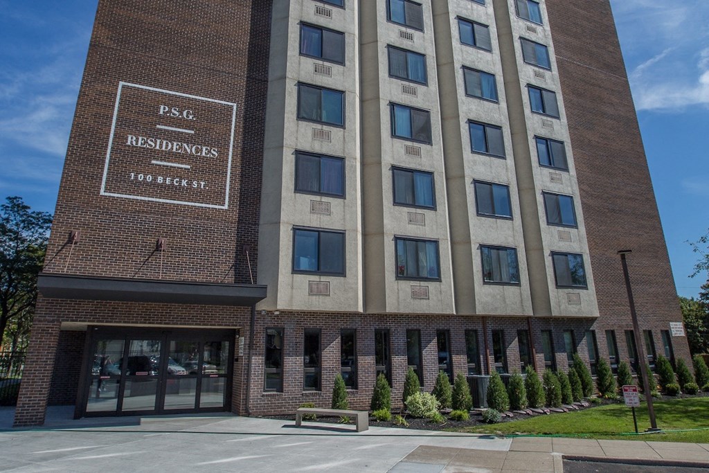 the entrance of Piotr Stadnitski Gardens senior apartment tower in Buffalo, NY