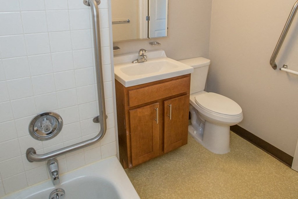 a bathroom with a toilet and a sink and a shower/tub with grab bars at Piotr Stadnitski Gardens
