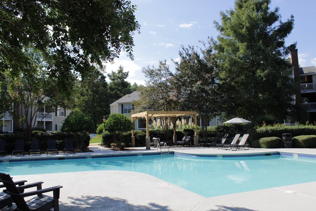 Large swimming pool and sundeck surrounded by trees at Stillwater at Grandview Cove