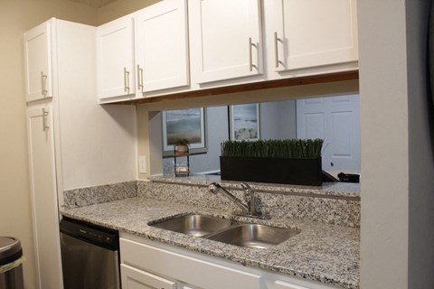 a kitchen with white cabinets and granite counter top and a sink