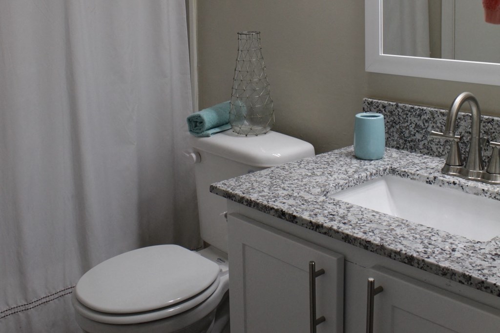 Stillwater apartments bathroom with granite countertops, toilet, and shower curtain
