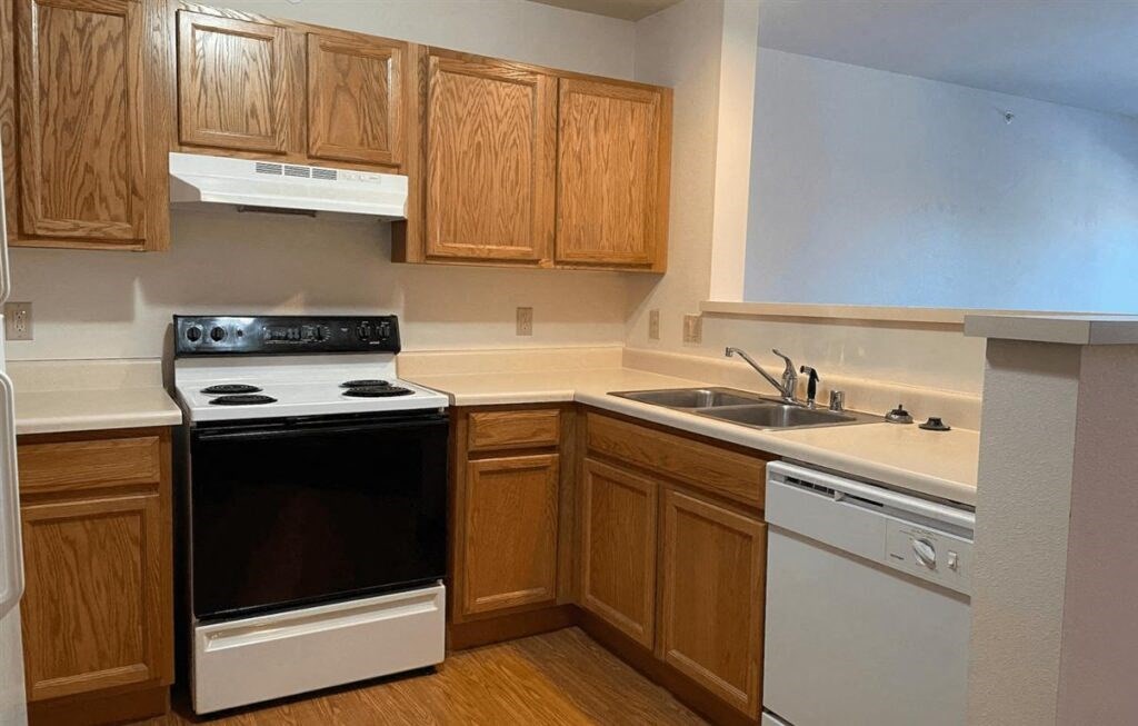 a kitchen with a stove a sink and a dishwasher in an Algonquin Manor Apartment