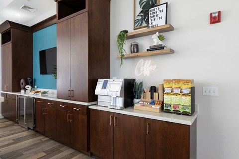 a kitchen with a counter and a counter top with food on it