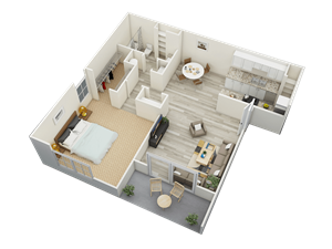 One-bedroom, one-bathroom 790 square foot 3D Magnolia Floor Plan at Hampton House Apartments, Jackson, MS, 39211