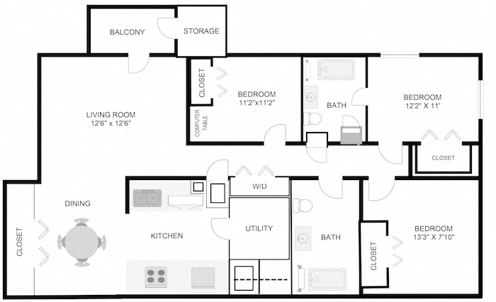 Marion Green Apartments 3 bedroom 2 bathroom floor plan