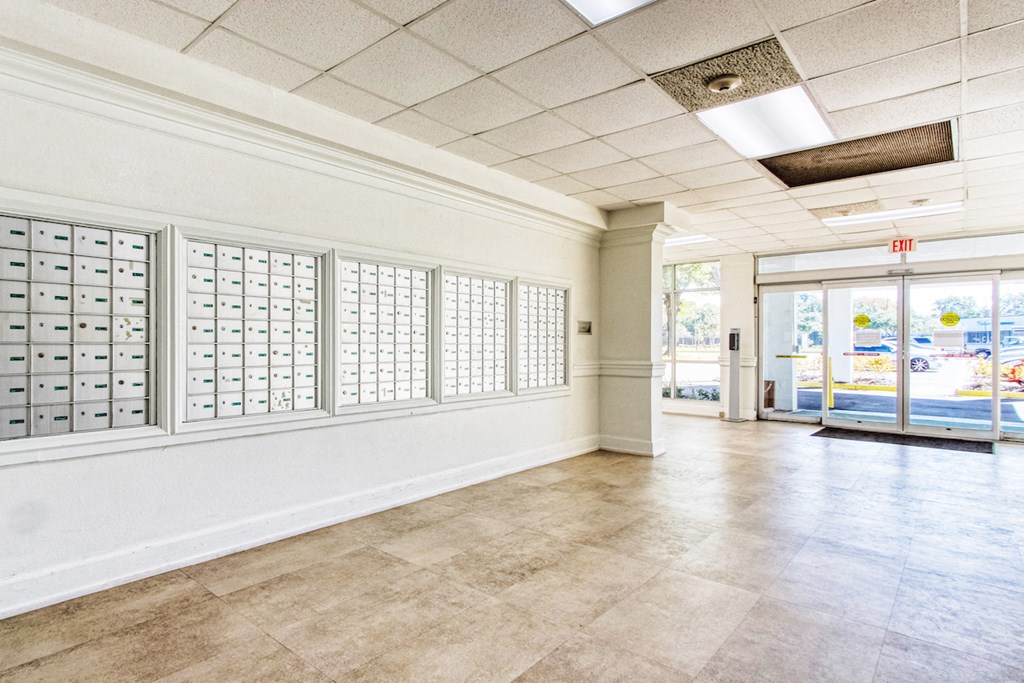 large bank of mailboxes on walls in lobby of Morris Manor Apartments