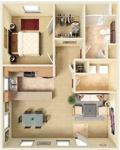 BP-1x1 Bessemer Place 725 square foot one bedroom apartment floor plan