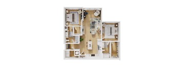A floor plan of a two-story apartment with a living room, kitchen, and two bedrooms.
