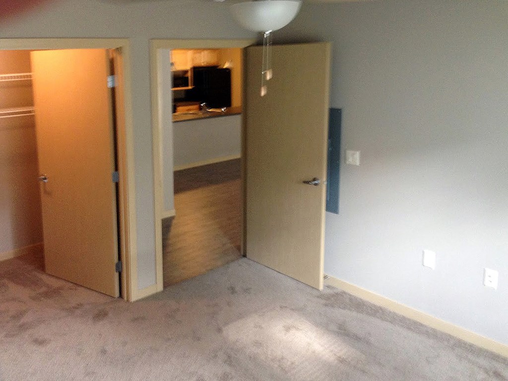 bedroom with a ceiling fan, plush carpet, and walk-in closet in Pioneer Ridge Apartment