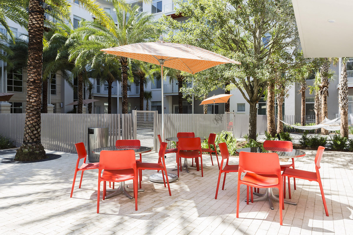 Outdoor picnic area with large umbrellas