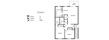 The 2-bedroom, 2-bathroom 954 sqft Poplar Floor Plan at Trails at Alabaster