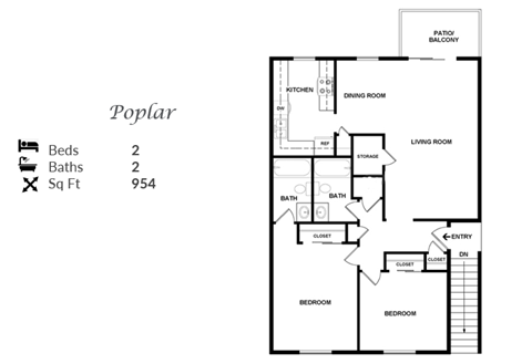The 2-bedroom, 2-bathroom 954 sqft Poplar Floor Plan at Trails at Alabaster
