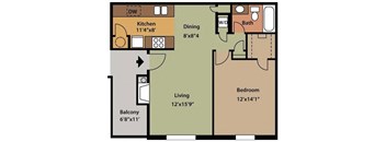 One-bedroom, one-bathroom 700 square foot floor plan at Rock Creek Apartments in Cordova, TN 38016
