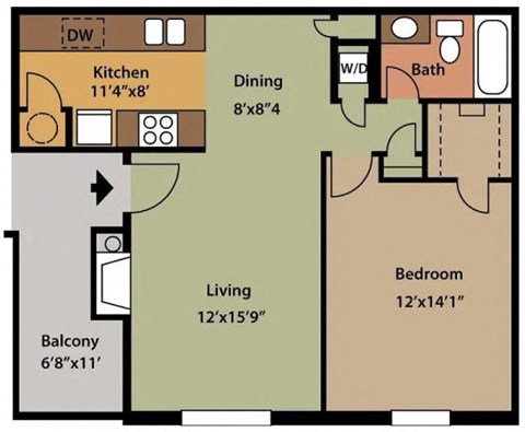 One-bedroom, one-bathroom 700 square foot floor plan at Rock Creek Apartments in Cordova, TN 38016