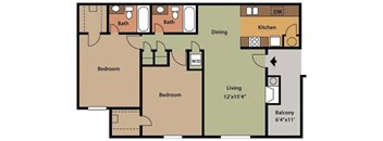Two-bedroom, two-bathroom 950 square foot floor plan at Rock Creek Apartments in Cordova, TN 38016