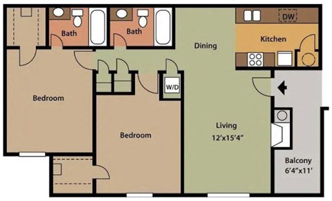 Two-bedroom, two-bathroom 950 square foot floor plan at Rock Creek Apartments in Cordova, TN 38016