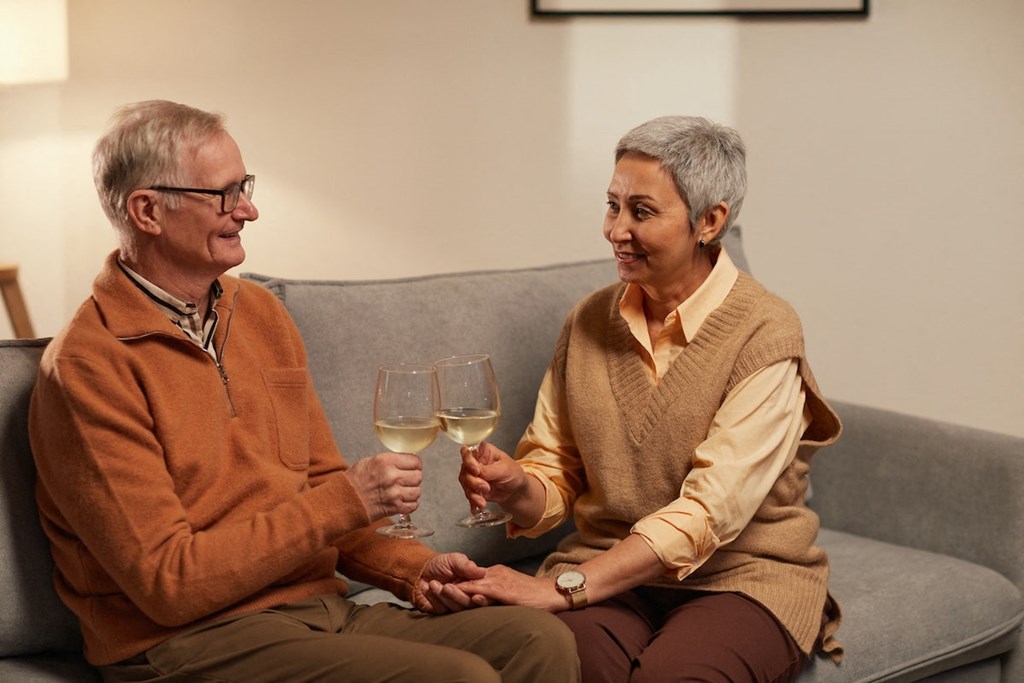 woman and man sitting on a couch enjoying a glass of wine
