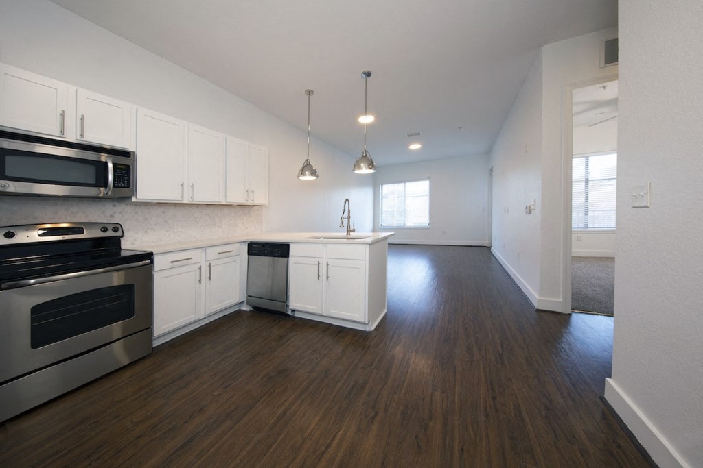 Spacious kitchen and living area with overhead lighting, stainless steel appliances, and wood-style floors at Rise Lakeview Apartments in Birmingham, AL