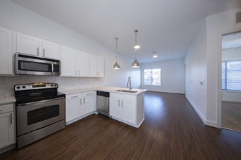 Kitchen with stainless steel range/oven Stainless steel range/oven and microwave in kitchen at Rise Lakeview Apartments in Birmingham, AL