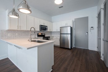 Kitchen with stainless steel appliances, wood-style floors, and pendant lights at Rise Lakeview at Rise Lakeview Apartments in Birmingham, AL