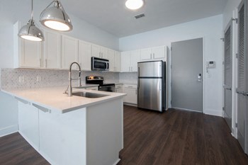 Kitchen with stainless steel appliances Kitchen with stainless steel appliances, wood-style floors, and pendant lights at Rise Lakeview at Rise Lakeview Apartments in Birmingham, AL