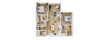 A top-down view of a small apartment with a kitchen, living room, and bathroom.