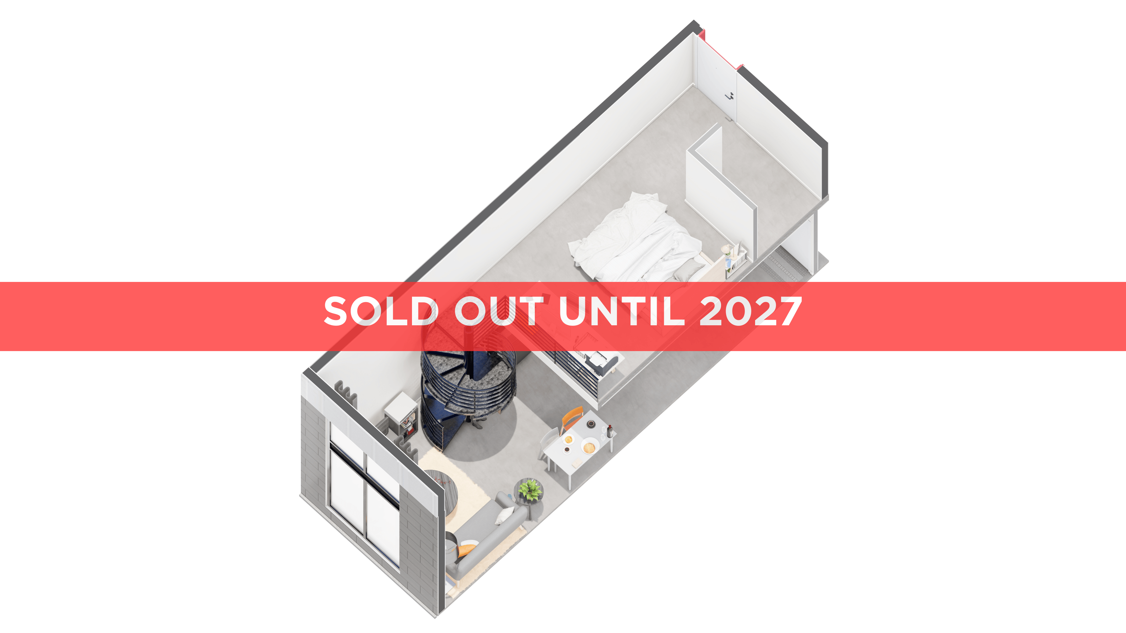 A 3D floor plan of a house with a red banner across the top that says 