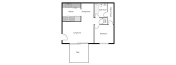 Southwood Gardens 1 bedroom 1 bath floor plan with kitchen, dining room, deck, and living room