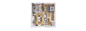 A cutaway view of a room showing a kitchen, living room, and bathroom.