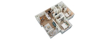 A 3D floor plan of a house with a kitchen, living room, and bedrooms.