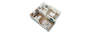 A top-down view of a small apartment with a bedroom, living room, and kitchen.