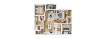 A floor plan of a house with a kitchen, living room, and two bedrooms.