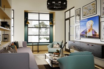 Large social lounge with chairs, sofa, TV, and decor Large social lounge with chairs, sofa, TV, and decor at Lake Nona Concorde, Orlando - Photo Gallery 5