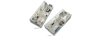 3D floor plan of a 2-bedroom, 1-bath 725 square foot townhome floor plan at Terraces at Clearwater Beach
