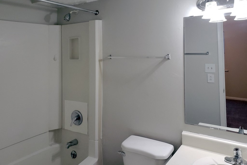 Bathroom with sink vanity, mirror and light kit, toilet, and tub/shower at The Bluffs Apartments