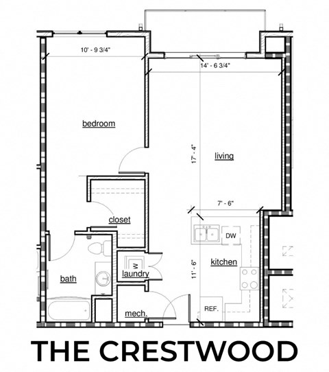 The Crestwood 1x1 800 square foot floor plan at Rise Lakeview Apartments in Birmingham, AL