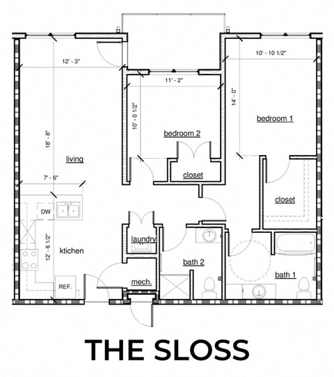 The Sloss 2x2 1,107 square foot floor plan at Rise Lakeview Apartments in Birmingham, AL