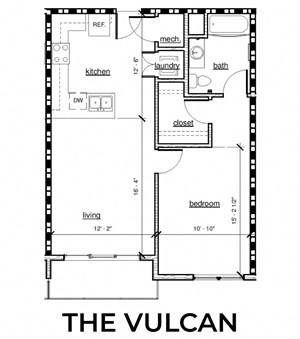 The Vulcan 1x1 741 square foot floor plan at Rise Lakeview Apartments in Birmingham, AL