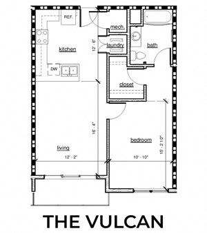Floorplan Photos Gallery The Vulcan 1x1 741 square foot floor plan at Rise Lakeview Apartments in Birmingham, AL
