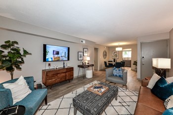Jameson-Livingroom-1 living room with hardwood-inspired flooring, accent wall, and model furnishing - Photo Gallery 3