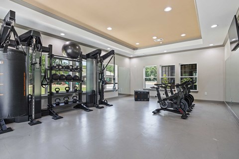 the home gym has plenty of equipment and a large window