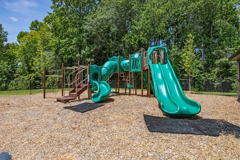 a playground with slides at a park with trees