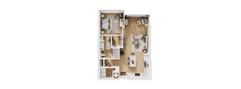 A top-down view of a small apartment with a kitchen, living room, and bathroom.